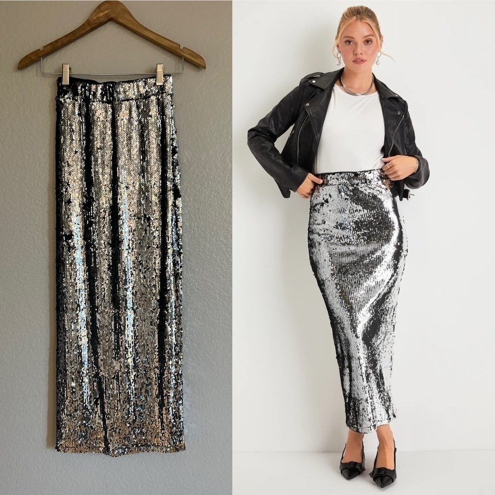 NWOT Silver Sequin High Rise Midi Skirt